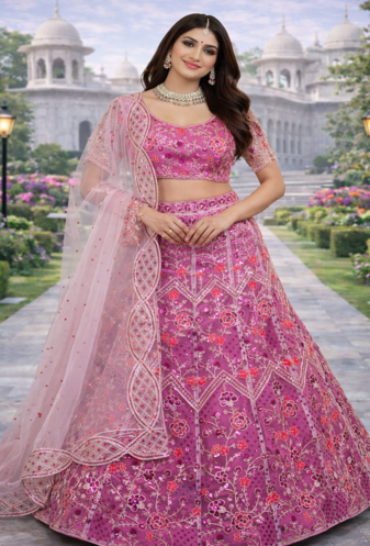 Pink Color Coding Embroidery Sequins Work Butterfly Net Lhenga Choli Dupatta Set