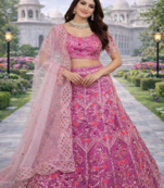 Pink Color Coding Embroidery Sequins Work Butterfly Net Lhenga Choli Dupatta Set