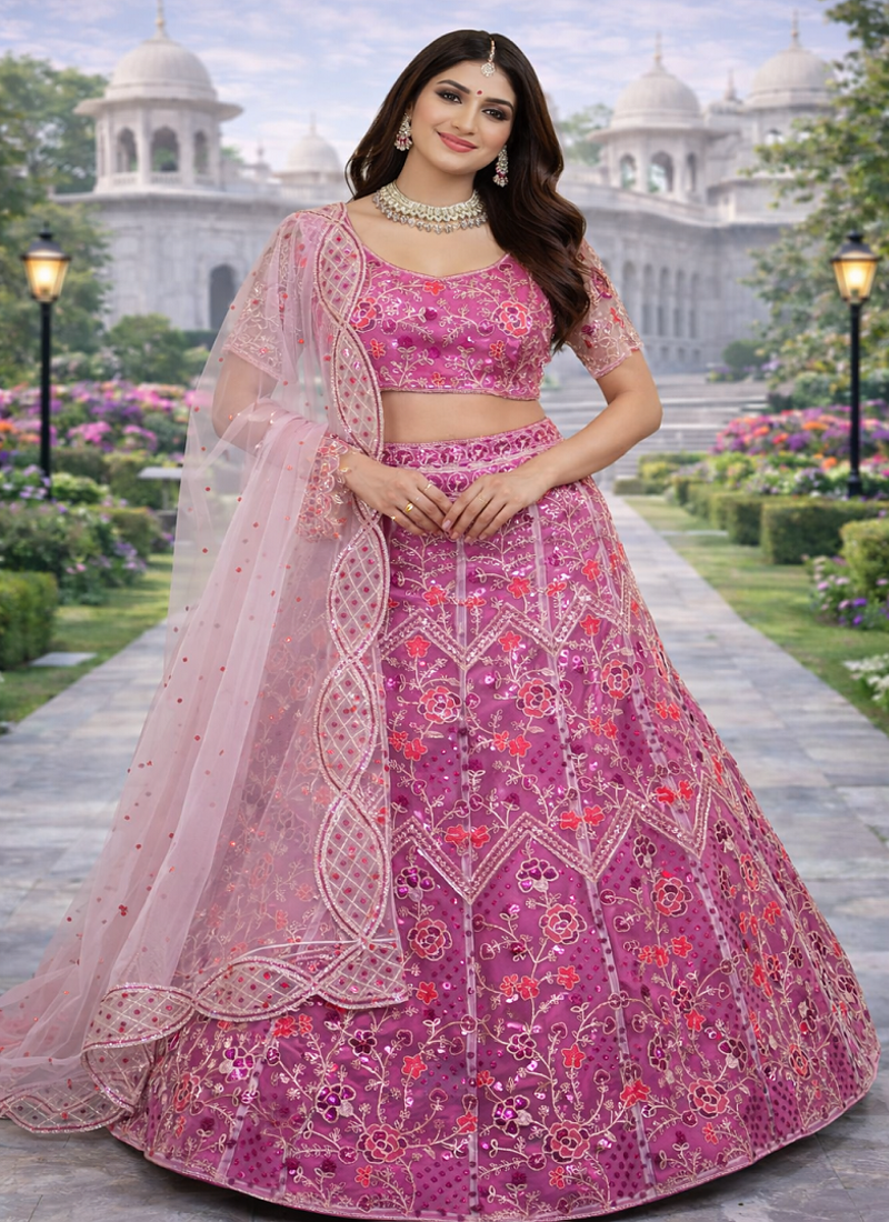 Pink Color Coding Embroidery Sequins Work Butterfly Net Lhenga Choli Dupatta Set