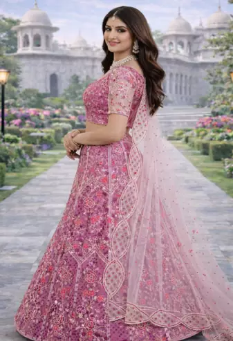Pink Color Coding Embroidery Sequins Work Butterfly Net Lhenga Choli Dupatta Set