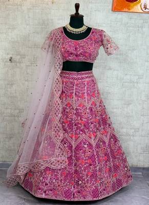 Pink Color Coding Embroidery Sequins Work Butterfly Net Lhenga Choli Dupatta Set 4