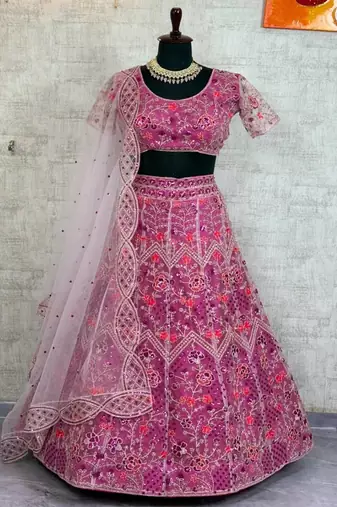 Pink Color Coding Embroidery Sequins Work Butterfly Net Lhenga Choli Dupatta Set
