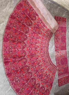 Pink Color Coding Embroidery Sequins Work Butterfly Net Lhenga Choli Dupatta Set 5