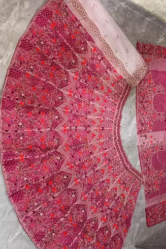 Pink Color Coding Embroidery Sequins Work Butterfly Net Lhenga Choli Dupatta Set