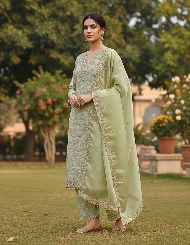 silk blend sage green embroidered salwar set