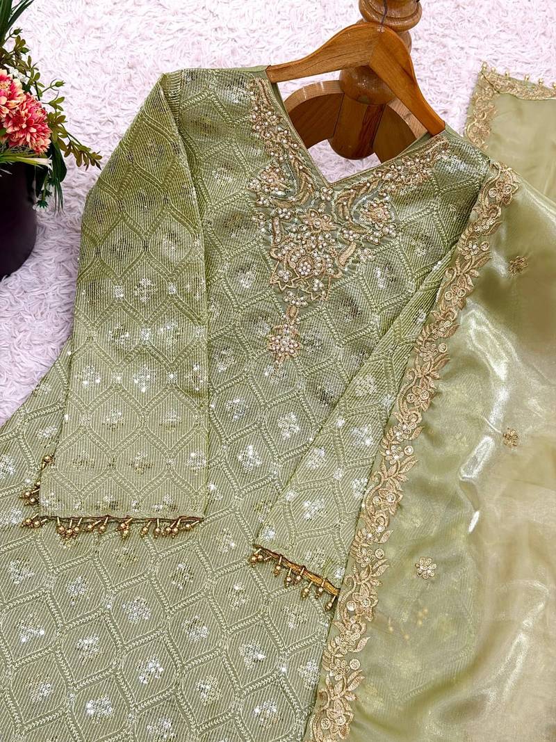 silk blend sage green embroidered salwar set