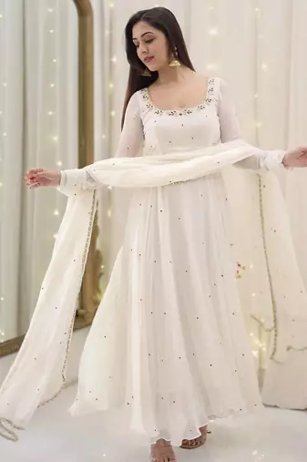 White Fux Blooming Multi Work Party Wear Suit Set