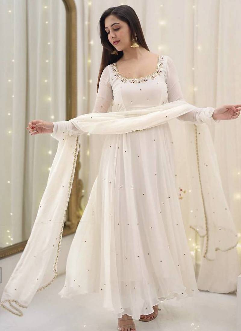 White Fux Blooming Multi Work Party Wear Suit Set