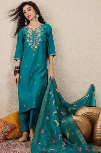 Green women kurta pant dupatta set