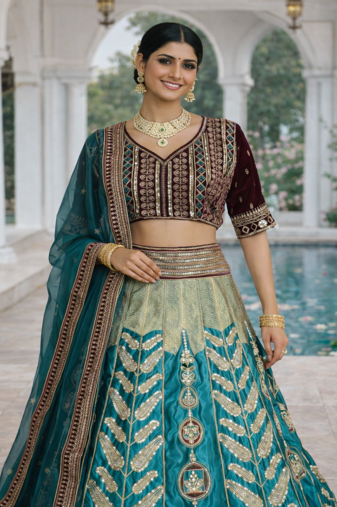 Aqua Blue Color Embroidery Sequins Work Satin Silk Lehenga Choli Dupatta Set