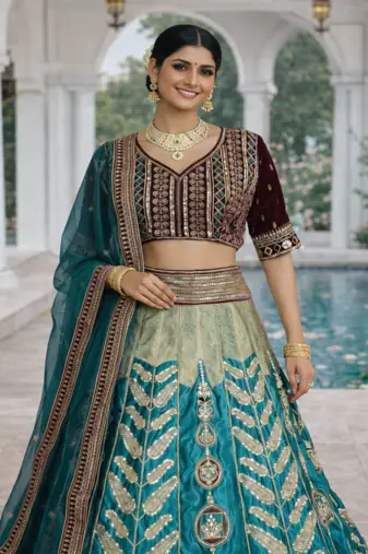 Aqua Blue Color Embroidery Sequins Work Satin Silk Lehenga Choli Dupatta Set
