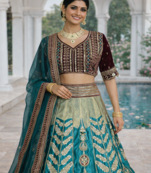 Aqua Blue Color Embroidery Sequins Work Satin Silk Lehenga Choli Dupatta Set