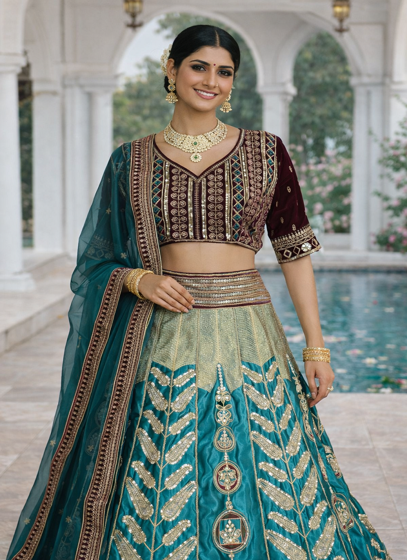 Aqua Blue Color Embroidery Sequins Work Satin Silk Lehenga Choli Dupatta Set