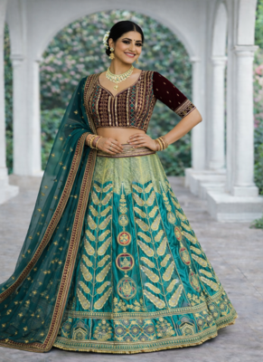 Aqua Blue Color Embroidery Sequins Work Satin Silk Lehenga Choli Dupatta Set 2