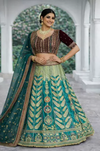 Aqua Blue Color Embroidery Sequins Work Satin Silk Lehenga Choli Dupatta Set