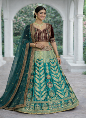 Aqua Blue Color Embroidery Sequins Work Satin Silk Lehenga Choli Dupatta Set 3