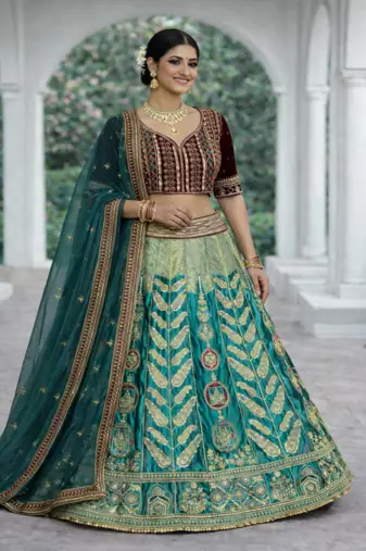 Aqua Blue Color Embroidery Sequins Work Satin Silk Lehenga Choli Dupatta Set
