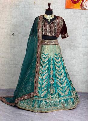 Aqua Blue Color Embroidery Sequins Work Satin Silk Lehenga Choli Dupatta Set 4