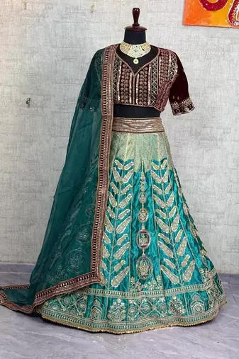 Aqua Blue Color Embroidery Sequins Work Satin Silk Lehenga Choli Dupatta Set