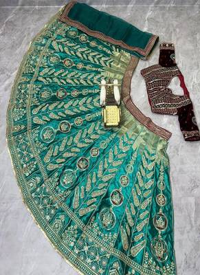 Aqua Blue Color Embroidery Sequins Work Satin Silk Lehenga Choli Dupatta Set 5