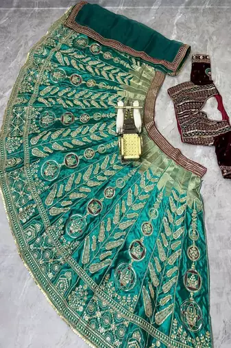 Aqua Blue Color Embroidery Sequins Work Satin Silk Lehenga Choli Dupatta Set