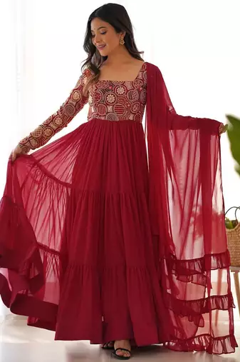 maroon fox georgette flare anarkali with dupatta and pant