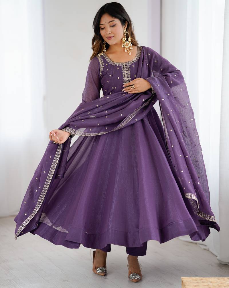 Pure crunchy silk fabric handwork beads work and embroidery jari work fancy gown
