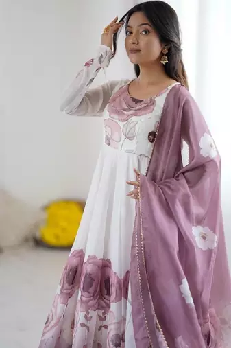 pure soft organja silk fully flair kali and canvas patta with duppta set ,pent ready to wear
