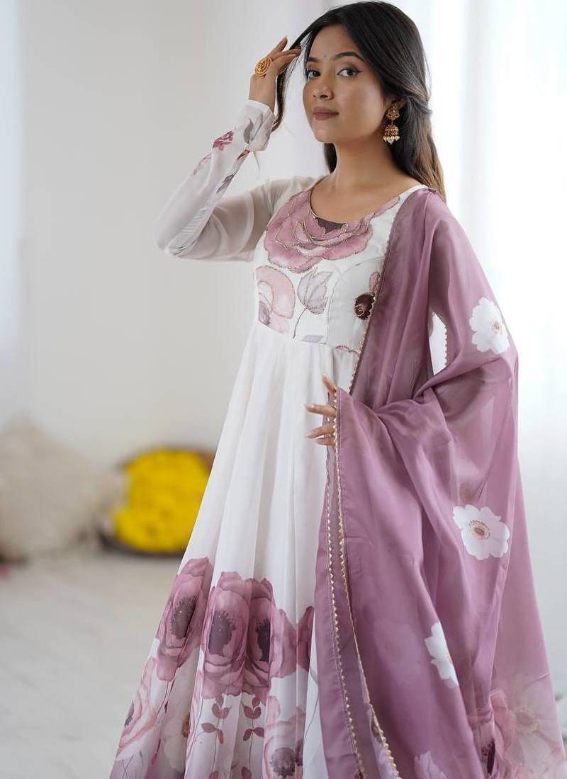 pure soft organja silk fully flair kali and canvas patta with duppta set ,pent ready to wear