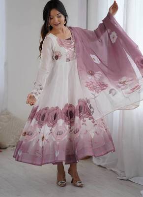 pure soft organja silk fully flair kali and canvas patta with duppta set ,pent ready to wear 1