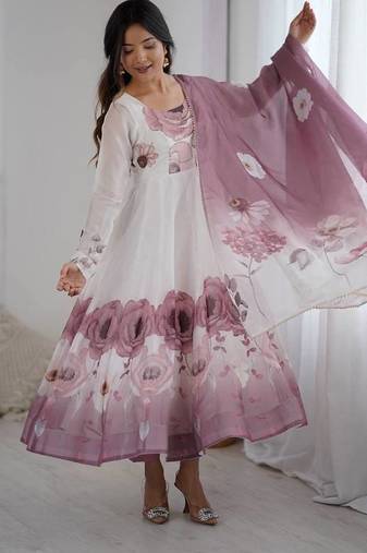 pure soft organja silk fully flair kali and canvas patta with duppta set ,pent ready to wear