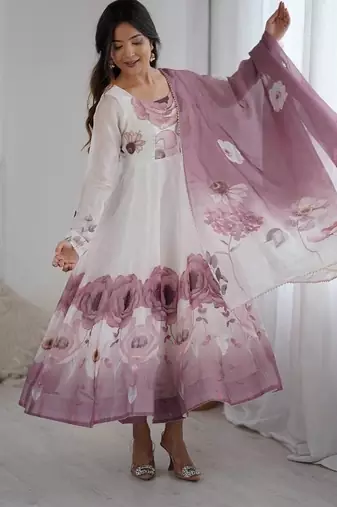 pure soft organja silk fully flair kali and canvas patta with duppta set ,pent ready to wear