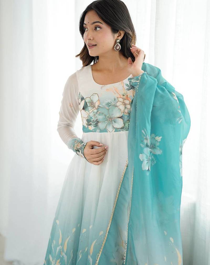 pure soft organja silk fully flair kali and canvas patta with duppta set ,pent ready to wear