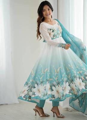 pure soft organja silk fully flair kali and canvas patta with duppta set ,pent ready to wear 3