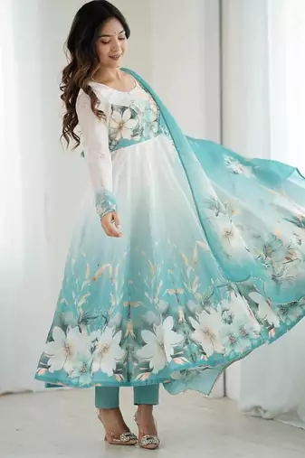 pure soft organja silk fully flair kali and canvas patta with duppta set ,pent ready to wear