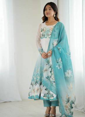 pure soft organja silk fully flair kali and canvas patta with duppta set ,pent ready to wear 1