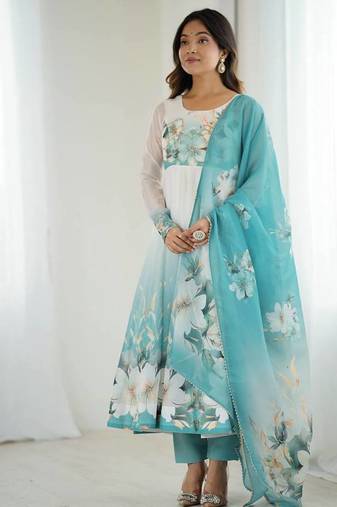 pure soft organja silk fully flair kali and canvas patta with duppta set ,pent ready to wear