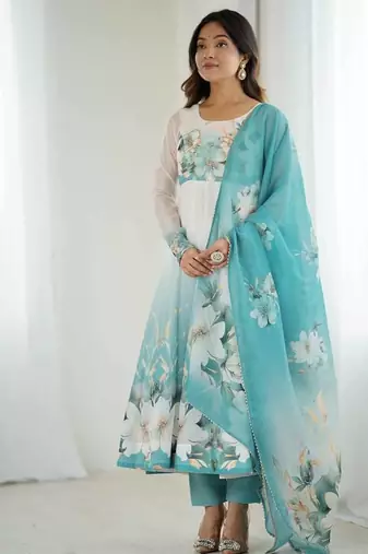 pure soft organja silk fully flair kali and canvas patta with duppta set ,pent ready to wear