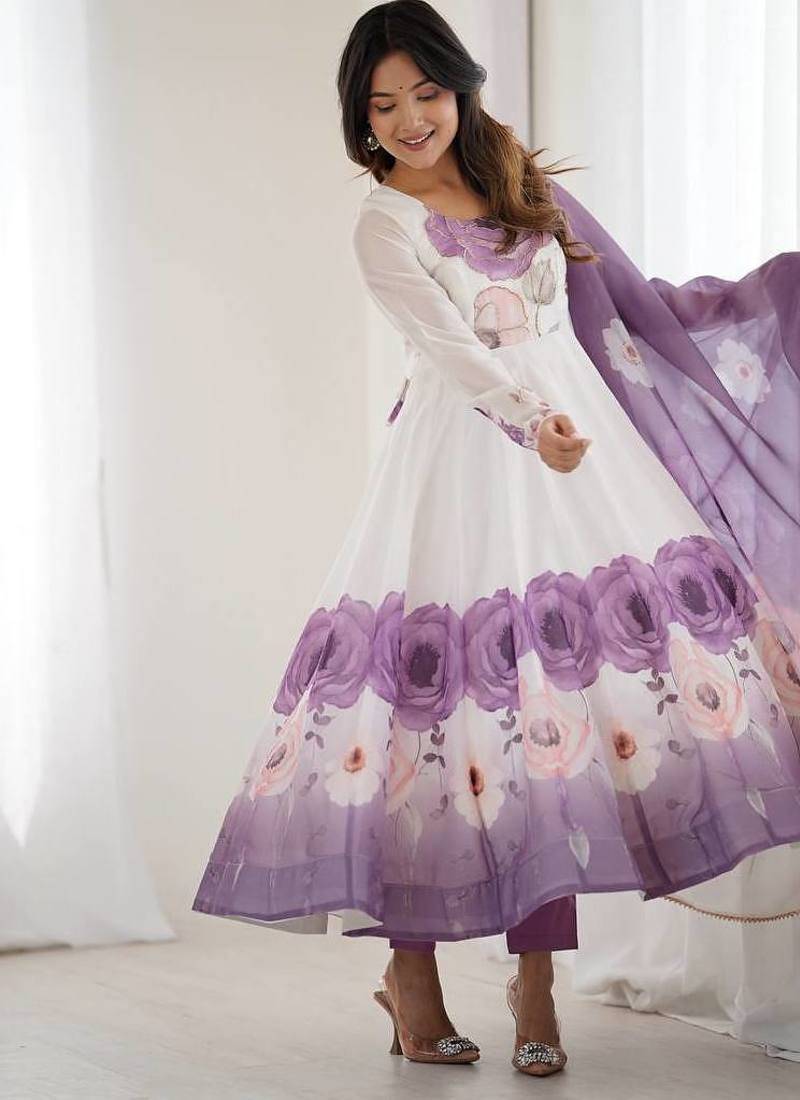 pure soft organja silk fully flair kali and canvas patta with duppta set ,pent ready to wear