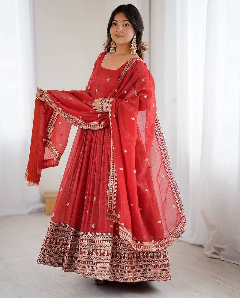 Pure crunchy silk fabric fully flair  gown,with duppta set