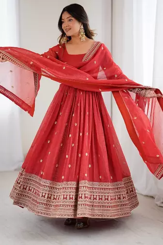 Pure crunchy silk fabric fully flair  gown,with duppta set