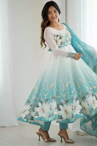 pure soft organja silk fully flair kali and canvas patta with duppta set ,pent ready to wear