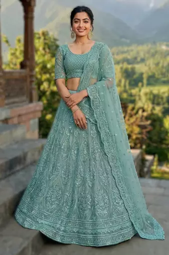 SKYBLUE Premium Wedding Lehenga Collection | Heavy Embroidered Butterfly Net Lehenga with Diamond Work