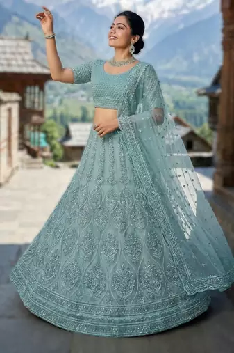 SKYBLUE Premium Wedding Lehenga Collection | Heavy Embroidered Butterfly Net Lehenga with Diamond Work