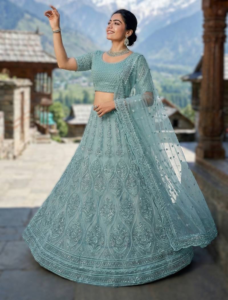 SKYBLUE Premium Wedding Lehenga Collection | Heavy Embroidered Butterfly Net Lehenga with Diamond Work