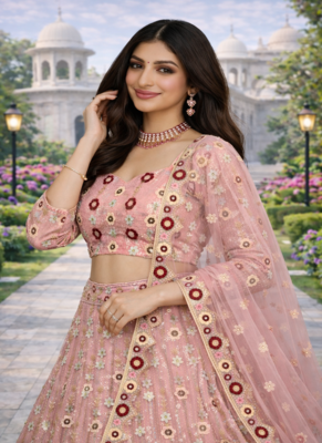 Pink Color Embroidery Sequins Work Net Lehenga Choli Dupatta Set 2