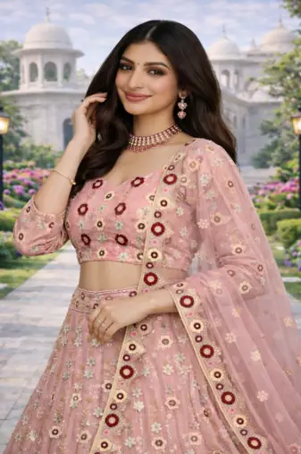 Pink Color Embroidery Sequins Work Net Lehenga Choli Dupatta Set