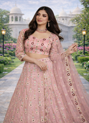 Pink Color Embroidery Sequins Work Net Lehenga Choli Dupatta Set 3