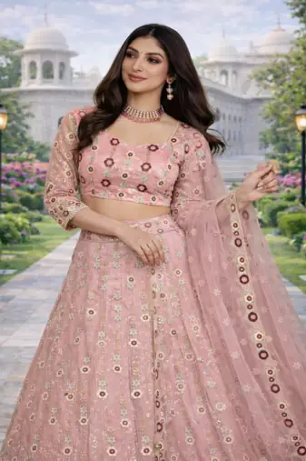 Pink Color Embroidery Sequins Work Net Lehenga Choli Dupatta Set