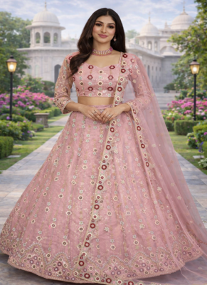 Pink Color Embroidery Sequins Work Net Lehenga Choli Dupatta Set 1